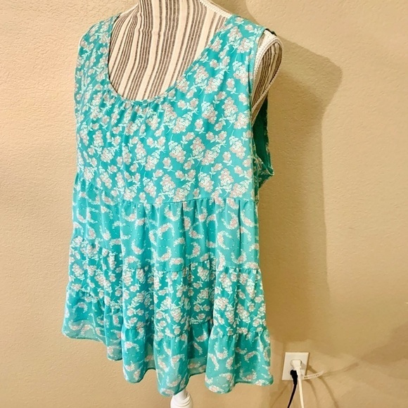 LC Lauren Conrad Tunic Top XL Seafoam Green Floral Pink Cream Ruffled Tiers - Picture 6 of 15